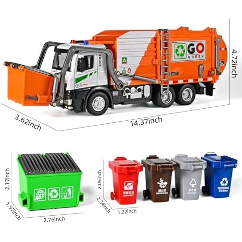 Front Loader Arm Toy Garbage Truck with Auto Lift Function,Diecast Garbage Truck Metal Cab,Friction Powered Garbage Truck Toy with Lights and Sounds,Garbage Trucks for Boys Age 4-7（Orange） - Image 2